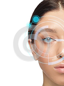 Future woman with cyber technology eye panel, cyberspace interface, ophthalmology concept