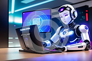 The Future of Work  AI Chatbot Robot at Desk.AI Generated