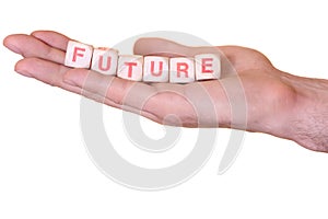 Future written with wooden dice on a hand, isolated on white background