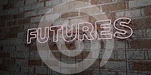 FUTURES - Glowing Neon Sign on stonework wall - 3D rendered royalty free stock illustration