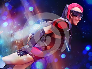 Futurisctic sci-fi superhero woman in costume flying profile vie