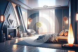 Futurist grey and white bedroom space. Real estate. Renovation company. Home staging.Real estate agent
