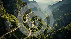 Futurist-inspired Tangled Mountain Road Amidst Lush Green Valleys