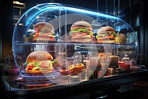 Futurist Lanchonete: Neon Hamburger served by robots for holographic customers., generative IA