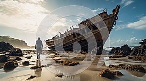 Futurist Narrative: Man And Rusty Ship On Beach