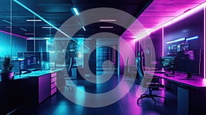 Futurist office space displaying cyberpunk neon aesthetic