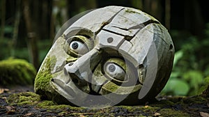 Futurist Stone Face In Mossy Forest: A Grotesque Caricature Of Maori Art
