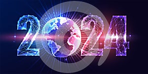 Futuristic 2024 global metaverse world New Year concept banner on dark purple pink, blue background