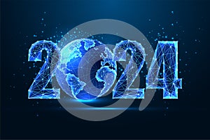 Futuristic 2024 New Year digital web banner with glowing 2023 digits and planet Earth globe on blue