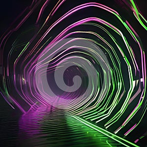 Futuristic 3D composition featuring dynamic green neon lines weaving energetically against a dark black background3