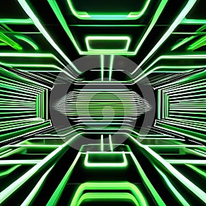 Futuristic 3D composition featuring dynamic green neon lines weaving energetically against a dark black background4