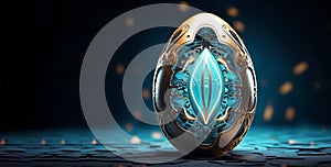 Futuristic 3D Easter egg. Easter card in turquoise and gold colors