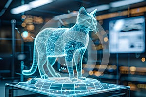 Futuristic 3D Holographic Projection of Cat in High Tech Laboratory Environment