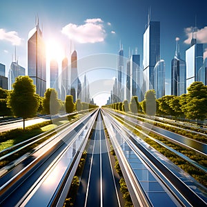 Futuristic 3D Rendering: Abstract Highway Path Through Digital Binary Towers in the City - Big Data Concept