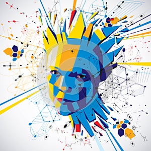 Futuristic 3d vector background made using Bauhaus elements. Head of woman exploding with thoughts created in low poly style, can