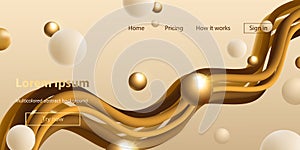 Futuristic abstract background. 3d illustration of liquid form. Abstract landing page template.Gold and white balloons