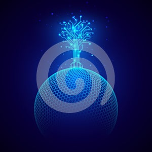 Futuristic abstract background. Circuit tree on sphere. Sci fi concept. Science and technology design element. Vector