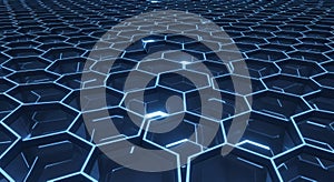 Futuristic abstract background with a glowing blue hexagonal grid pattern representing technology and innovation