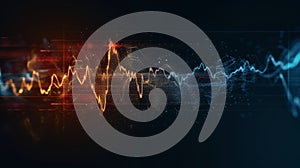 Futuristic abstract background with glowing red and blue waveforms, representing technology, innovation, and data visualization