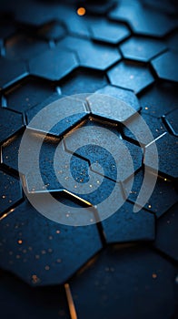 Futuristic abstract background with hexagonal pattern in dark blue and metallic tones