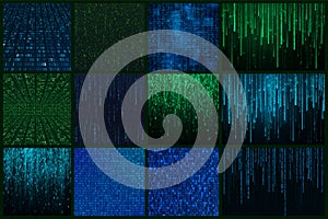 Futuristic abstract background in matrix style. Sci fi backdrop. Random generated binary data stream in green and blue colors