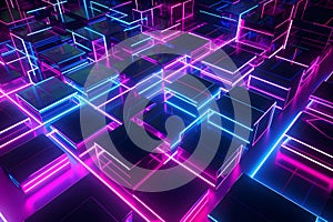 Futuristic abstract purple background with metallic elements arranged in a grid-like pattern.Generative AI