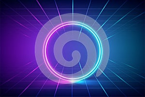 Futuristic abstract blue and pink neon light circles frame background. Neon background with copy space for advertising, banner and