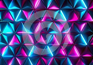 Futuristic abstract blue and purple neon triangle light shapes on dark background.