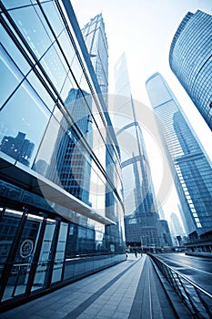 Abstract Business Modern City Urban Futuristic Architecture Background. Real Estate Concept, Motion Blur, Reflection in Glass of photo