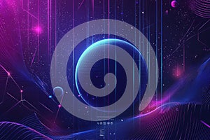 Futuristic abstract composition with vibrant glowing planets and digital grid patterns