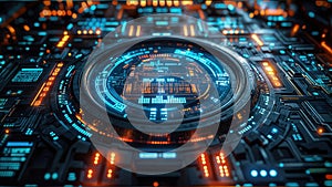 A high-tech 3D background with glowing blue and orange circuitry patterns