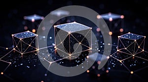 Futuristic Abstract 3D Render of Glowing Cubes with Network Connection in Dark Space