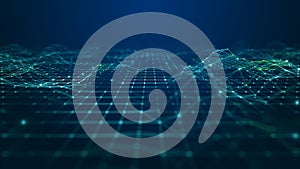 Futuristic abstract digital grid with glowing dots and wave lines representing big data, network connections, and artificial