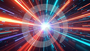 Futuristic abstract digital technology background. Speed of light, data transmission concept. Lines of light form bright tunnel