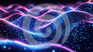 Futuristic abstract digital waves. Glowing blue and pink dots create dynamic motion. Data flow or sound wave representation. High