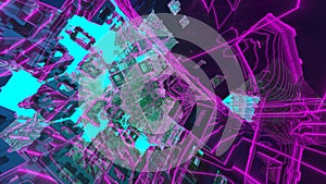 Futuristic abstract geometric blockchain cityscape synthwave