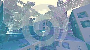Futuristic abstract geometric blockchain cityscape synthwave