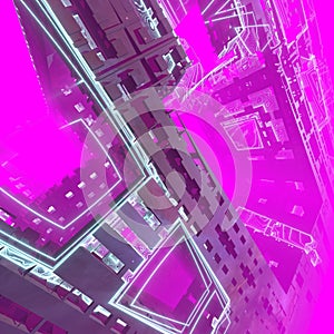 Futuristic abstract geometric blockchain cityscape synthwave