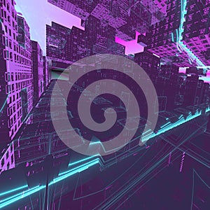 Futuristic abstract geometric blockchain cityscape synthwave