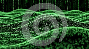 Abstract Green Matrix Digital Landscape with Flowing Binary Code Waves