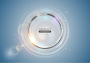 Futuristic abstract metal ring blue background. Chrome shine round frame with light circle and sun lens flare light effect. Vector