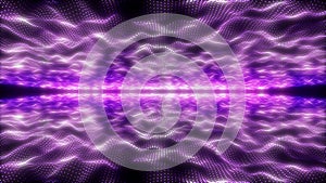 Futuristic abstract purple glowing waves from dots of particles shining magical neon energy lines from above and below on a black