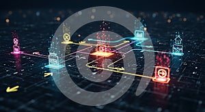 Futuristic abstract representation of interconnected digital data network communication and information processing system.