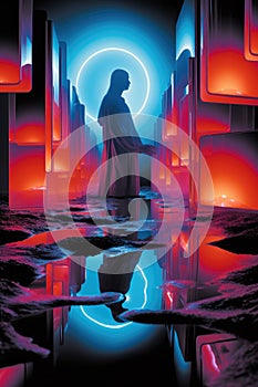 Futuristic abstract scene from neon mirrored surfaces and person with reflections