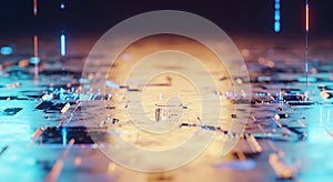 Futuristic abstract technological landscape with glowing blue and orange neon lights