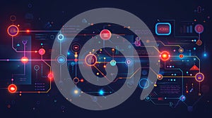 Futuristic abstract technology background featuring a complex network of interconnected lines and dots with digital icons and