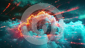 A futuristic, abstract visualization of cloud computing, depicting digital elements representing data processing and AI