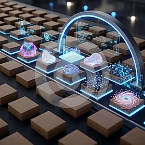 A futuristic and abstract visualization of data processing and analysis
