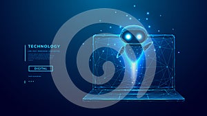 AI agent bot flying out of digital laptop. Robot assistant