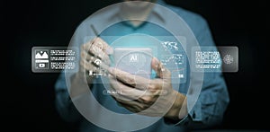 Artificial intelligence assistant interface on smartphone with data visualization, automation dashboard, prompt command system.